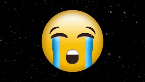 Digital-animation-of-white-particles-falling-over-crying-face-emoji-against-black-background