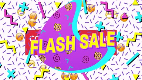 Flash-sale-text-on-purple-banner-over-abstract-colorful-shapes-and-face-emojis-on-white-background