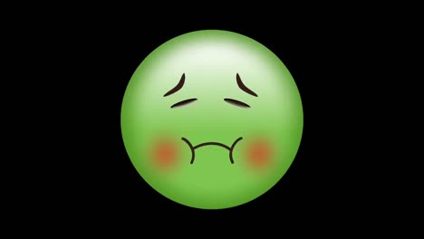 Digital-animation-of-abstract-purple-shapes-over-green-sick-face-emoji-against-black-background
