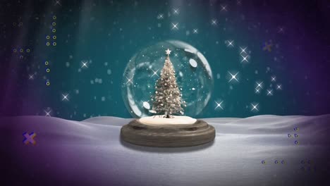Animation-of-dots-and-stars-moving-over-snow-globe-with-christmas-tree