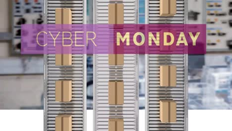 Cyber-monday-text-banner-over-multiple-delivery-boxes-on-conveyer-belt-against-factory