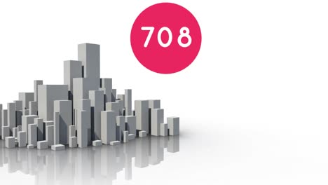 Steigende-Zahlen-Auf-Einem-Roten-Runden-Banner-Vor-Einem-3D-Stadtmodell,-Das-Sich-Auf-Weißem-Hintergrund-Dreht