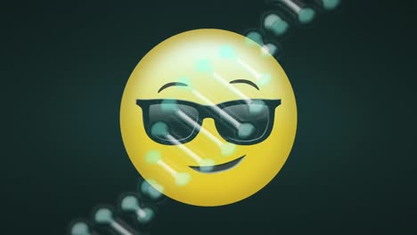 Digitale-Animation-Der-DNA-Struktur,-Die-Sich-über-Dem-Gesicht-Dreht-Und-Eine-Sonnenbrille-Trägt,-Emoji-Auf-Grünem-Hintergrund