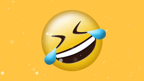Digitale-Animation-Von-Weißen-Flecken,-Die-über-Einem-Lachenden-Gesichts-Emoji-Auf-Gelbem-Hintergrund-Schweben