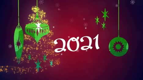 2021-Text-Und-Hängende-Dekorationen-Vor-Dem-Schnee,-Der-über-Die-Sternschnuppe-Fällt-Und-Einen-Weihnachtsbaum-Bildet