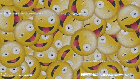 Digital-animation-of-multiple-silly-face-emojis-falling-against-tv-static-effect-on-grey-background
