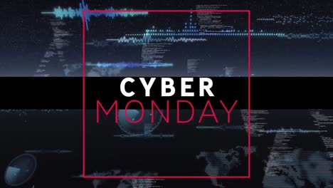 Digital-animation-of-cyber-monday-text-banner-against-multiple-round-scanners-and-data-processing