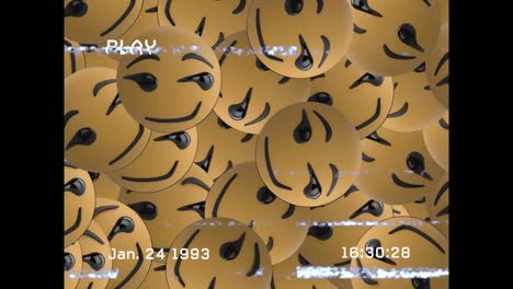 Digital-animation-of-vhs-glitch-effect-over-multiple-smirk-face-emojis-on-black-background