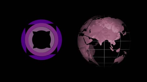 Digitale-Animation-Einer-Abstrakten-Kreisform-Und-Eines-Globussymbols,-Das-Sich-Vor-Schwarzem-Hintergrund-Dreht