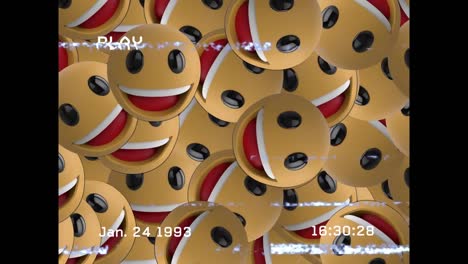 Digitale-Animation-Des-VHS-Glitch-Effekts-über-Mehreren-Lächelnden-Gesichts-Emojis-Auf-Schwarzem-Hintergrund
