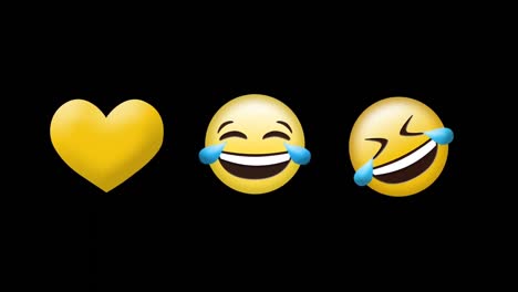 Digitale-Animation-Von-Emojis-Mit-Lachenden-Gesichtern-Und-Gelbem-Herzsymbol-Vor-Schwarzem-Hintergrund
