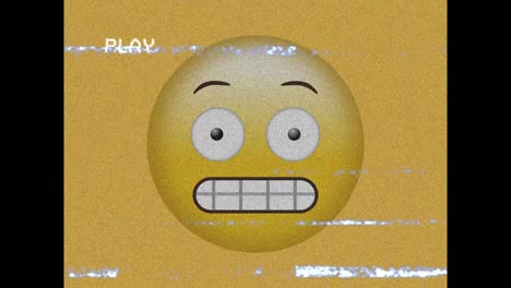 Digitale-Animation-Des-VHS-Glitch-Effekts-über-Grimassierendem-Gesichts-Emoji-Auf-Gelbem-Hintergrund