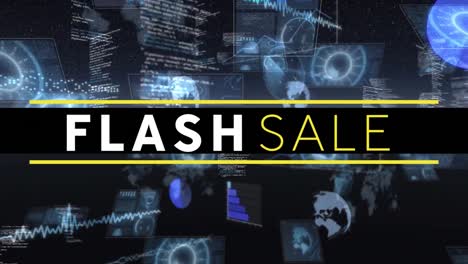 Digital-animation-of-flash-sale-text-banner-against-multiple-round-scanners-and-data-processing