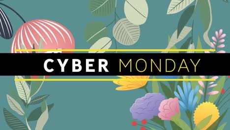 Digital-animation-of-cyber-monday-text-banner-against-floral-designs-on-green-background