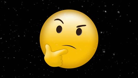 Digital-animation-of-white-particles-falling-over-thinking-face-emoji-against-black-background