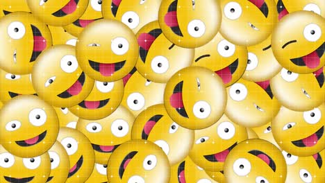 Digital-animation-of-multiple-silly-face-emojis-falling-against-grid-network-on-black-background