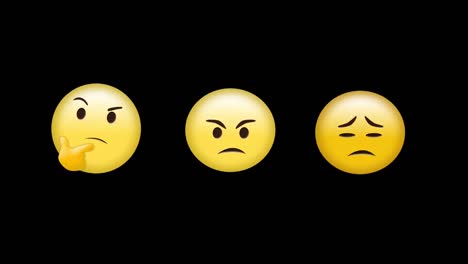 Digital-animation-of-thinking,-sad-and-angry-face-emojis-against-black-background