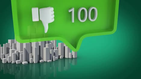 Abneigungssymbol-Mit-Steigenden-Zahlen-Auf-Grüner-Sprechblase-über-3D-Stadtmodell-Auf-Grünem-Hintergrund