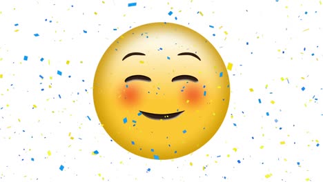 Digital-animation-of-confetti-falling-over-blushing-face-emoji-on-white-background