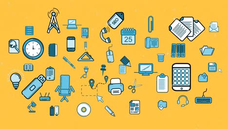 Digital-animation-of-white-particles-over-multiple-business-concept-icons-on-yellow-background