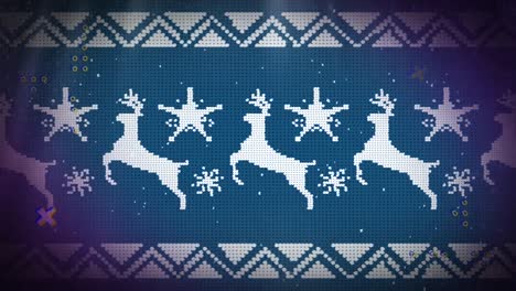 Animation-of-reindeer-and-snowflake-repeated-over-blue-background