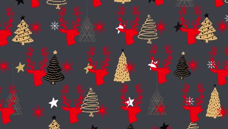 Digital-animation-of-christmas-tree,-reindeer-and-stars-icons-in-seamless-pattern-on-grey-background