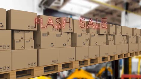 Neon-red-flash-sale-text-banner-over-multiple-delivery-boxes-on-conveyer-belt-against-factory