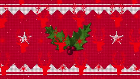 Animation-of-reindeer-head-repeated-over-mistletoe-on-red-background