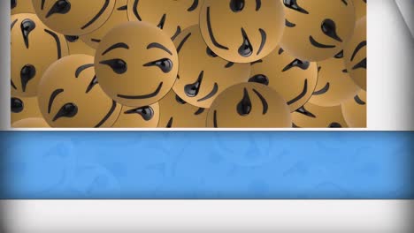 Digitale-Animation-Abstrakter-Blauer-Formen-über-Mehreren-Grinsenden-Gesichts-Emojis