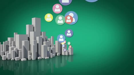 Multiple-colorful-profile-icons-floating-over-3d-city-model-spinning-against-green-background