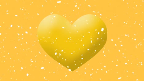 Digital-animation-of-white-confetti-falling-over-yellow-heart-emoji-icon-on-yellow-background
