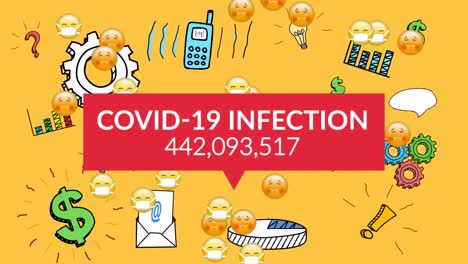Covid-19-Infektionstext-Mit-Zunehmenden-Fällen-über-Geschäftskonzeptsymbolen-Auf-Gelbem-Hintergrund