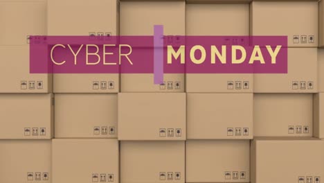 Cyber-Monday-Textbanner-Vor-Stapel-Von-Lieferkartons-Im-Hintergrund