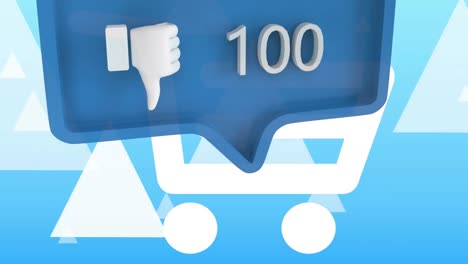 Dislike-icon-with-increasing-numbers-on-blue-speech-bubble-over-triangle-shapes-on-blue-background