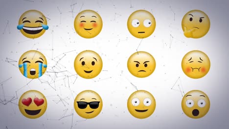 Digital-animation-of-network-of-connections-floating-over-multiple-face-emojis-on-grey-background