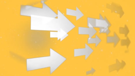Digital-animation-of-white-particles-falling-over-multiple-arrow-icons-against-yellow-background