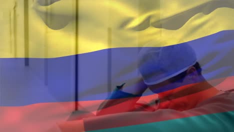 Digital-composition-of-colombia-flag-waving-against-stressed-caucasian-male-surgeon-at-hospital