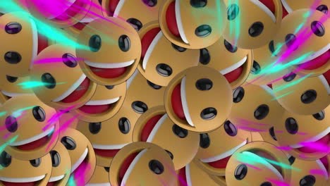 Digitale-Welle-über-Mehreren-Lächelnden-Gesichts-Emojis,-Die-Vor-Blumenmustern-Auf-Weißem-Hintergrund-Fallen