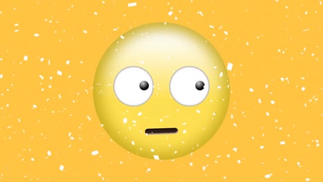Digital-animation-of-white-confetti-falling-over-confused-face-emoji-on-yellow-background