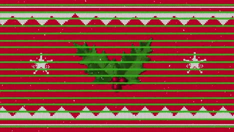 Green-stripes-and-snow-falling-over-holly-branch-and-berries-on-traditional-red-christmas-pattern