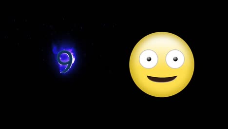 Digital-animation-of-nine-number-icon-on-fire-and-silly-face-emoji-against-black-background