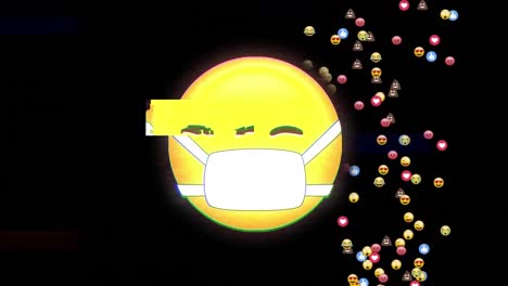 Animation-Des-Social-Media-Emoji-Symbols-Mit-Gesichtsmaske-Und-Fliegenden-Emojis-Auf-Schwarzem-Hintergrund