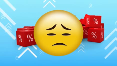 Animation-of-worried-emoji-and-red-cubes-with-percent-symbol-and-up-arrows-on-blue-background