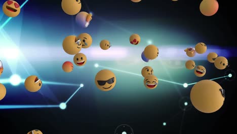Digital-animation-of-multiple-face-emojis-floating-against-glowing-network-of-connections