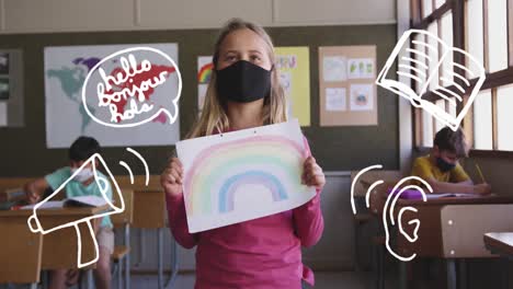 Schulkonzept-Symbole-über-Einem-Mädchen-Mit-Gesichtsmaske-Und-Einem-Regenbogengemälde-In-Der-Grundschule