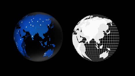 Digitale-Animation-Zweier-Globen,-Die-Sich-Vor-Schwarzem-Hintergrund-Drehen