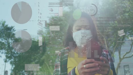 Screens-with-data-processing-against-woman-wearing-face-mask-using-smartphone-on-the-street