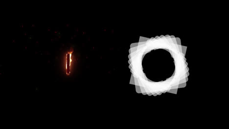 Digitale-Animation-Des-Brennenden-Nummer-eins-Symbols-Und-Abstrakter-Kreisförmiger-Form-Vor-Schwarzem-Hintergrund