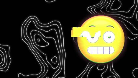 Digitale-Animation-Von-Gesichts-Emojis-Vor-Topografie-Auf-Schwarzem-Hintergrund