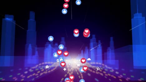 Animation-of-social-media-hearts-and-thumbs-up-icons-over-cityscape